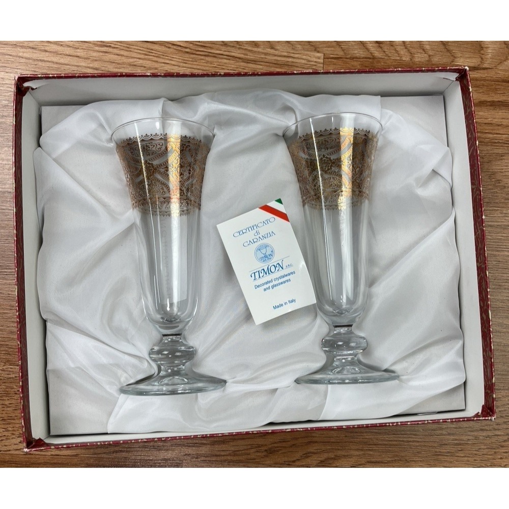 Set of 2 Vintage Timon Italian Champagne Flutes Glasses, Empire Gold Pattern NEW